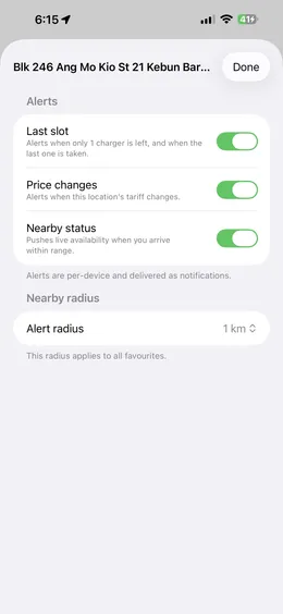 Alert settings for a favourite charger: last slot, price changes and nearby status toggles, plus an alert radius picker