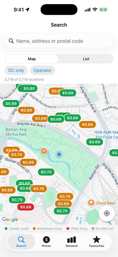The EVolt app's Search tab: a map of Ang Mo Kio with price pills on every charger, coloured green, amber or red by how busy each one usually is, with a blue bolt marking DC fast charging